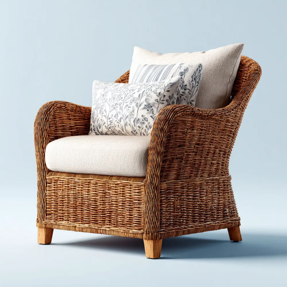 Rattanowy fotel wypoczynkowy brązowy z kremowymi poduszkami 75 x 80 x 90 cm